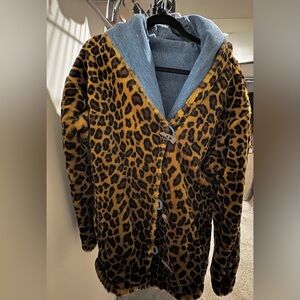 Leopard Print Faux Fur Jacket w/ Denim Lining & Hood – Statement Coat